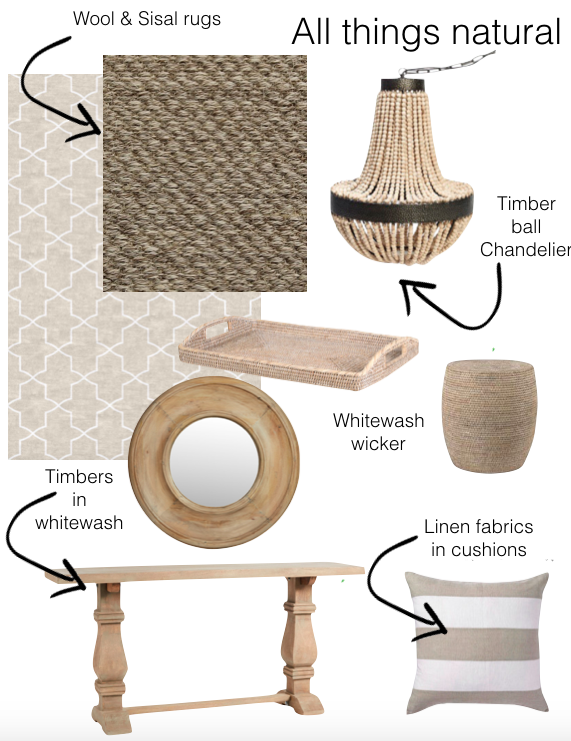 sisal, wicker, timber